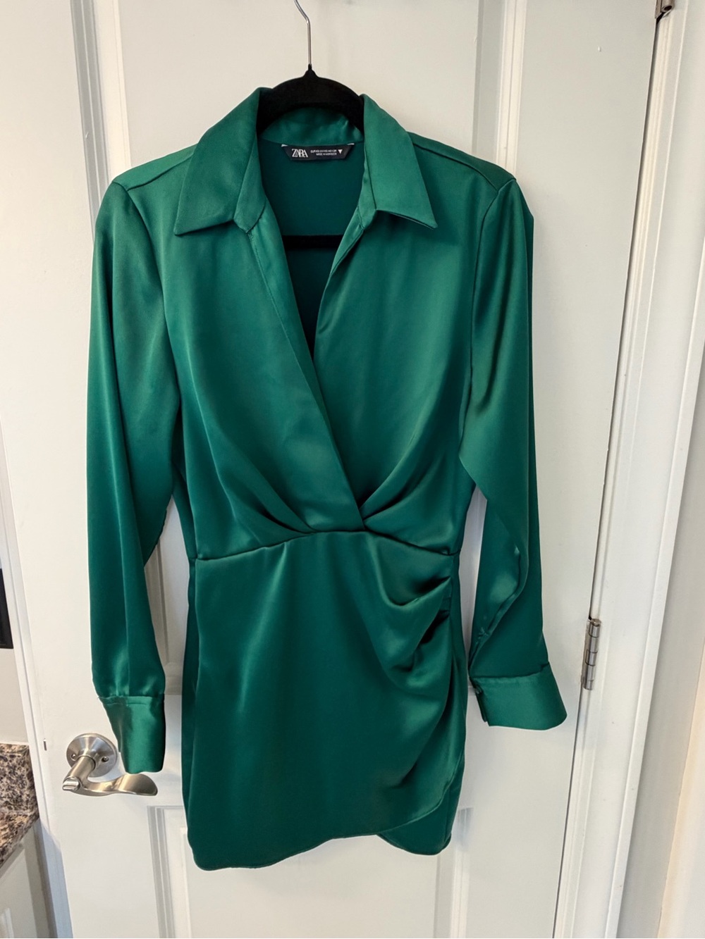 Zara Emerald Satin Wrap-Front Long Sleeve Mini Dress